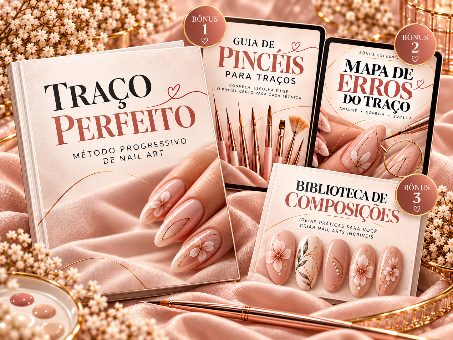 Traço Perfeito e os três bônus incluídos: pincéis, erros do traço e composições